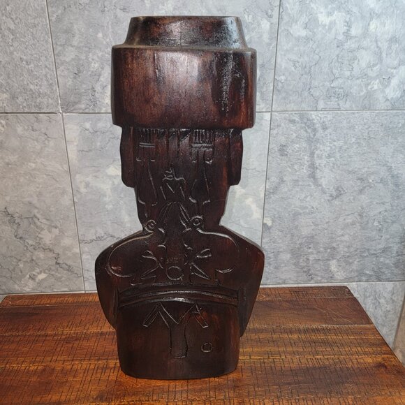 Easter Island, Rapa Nui, Hand-Carved Wooden Moai 15" , with Glyphs on Back - Picture 3 of 8